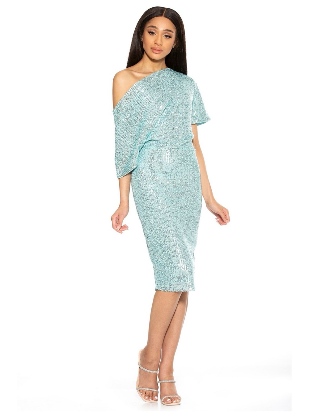 ALEXIA ADMOR Olivia light Blue Sequin Draped One-Shoulder Sheath Dress Medium